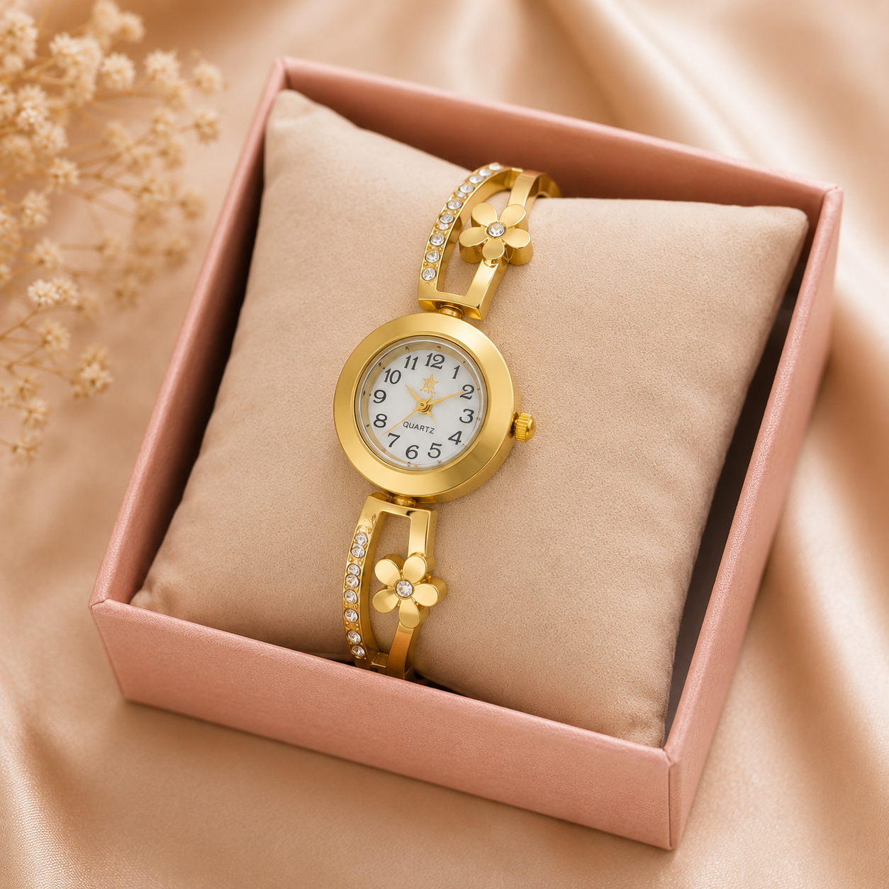 Flora Crystal Bracelet Watch – Gold