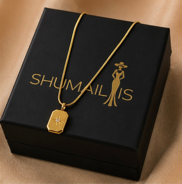 Gold Rectangle Pendant Stainless Steel Necklace for Women