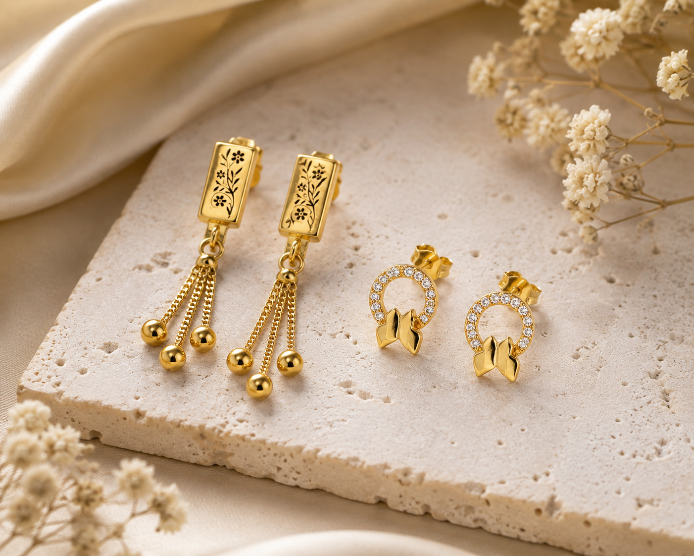 Elegant Gold 2-Piece Earrings Set – Long Tassel & Crystal Stud Earrings
