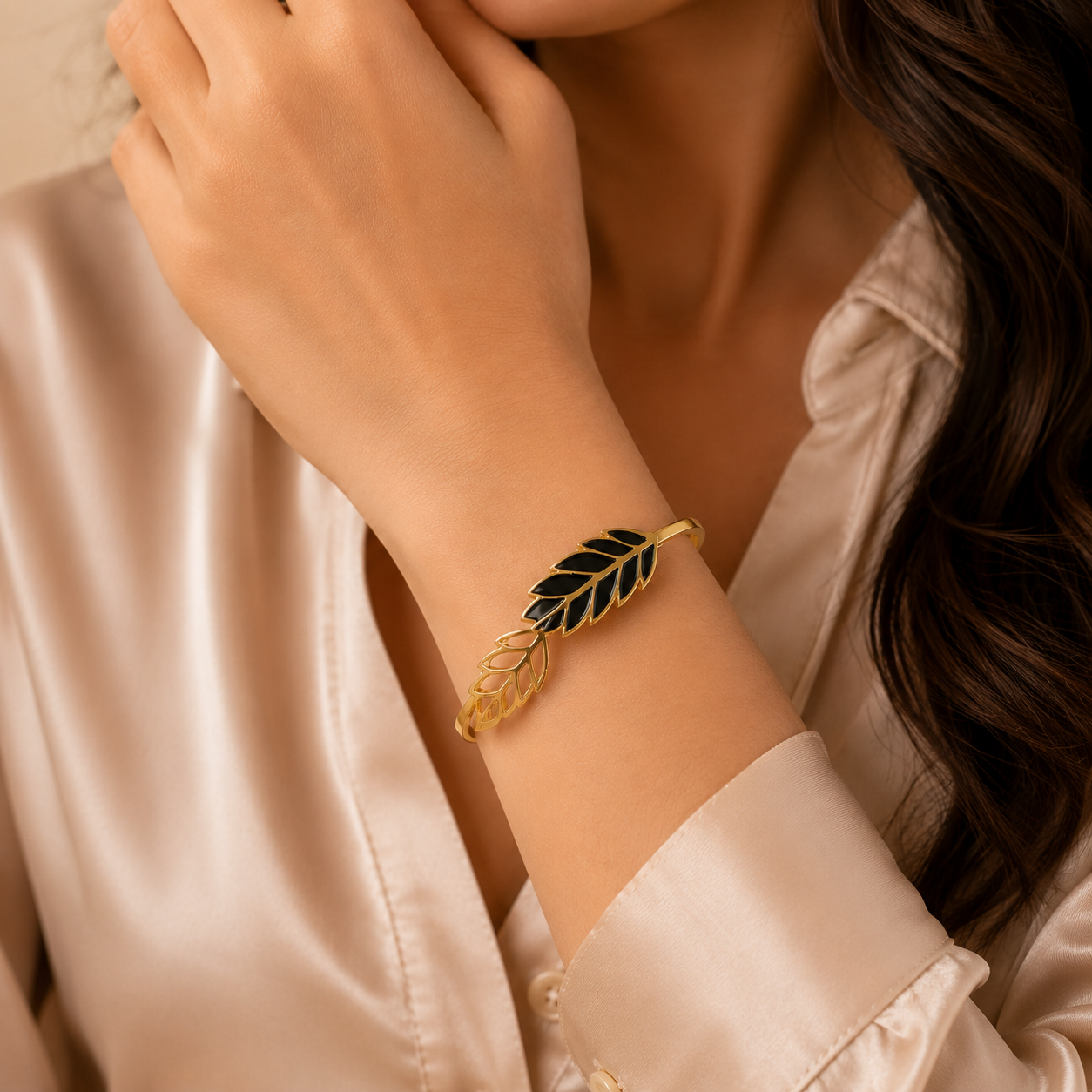 Luxury Black Leaf Gold Cuff Bracelet for Women | Stainless Steel Open Bangle