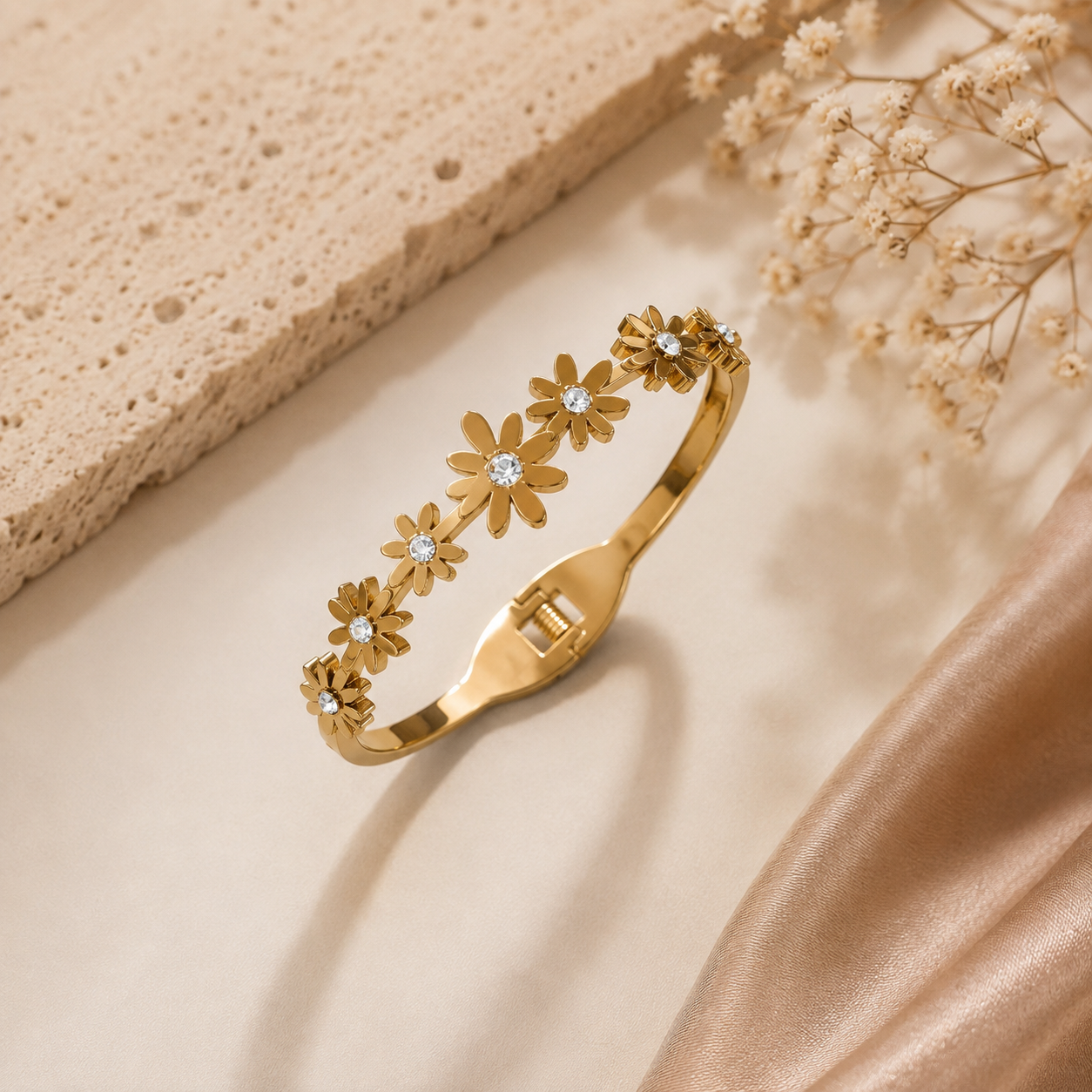 Luxury Gold Floral Crystal Stainless Steel Cuff Bracelet for Women