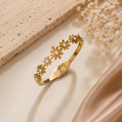 Luxury Gold Floral Crystal Stainless Steel Cuff Bracelet for Women