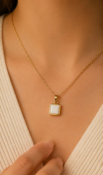 Gold Square White Stone Stainless Steel Necklace