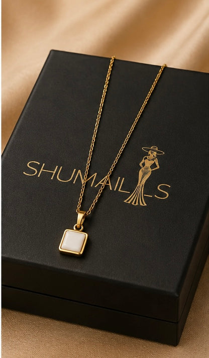 Gold Square White Stone Stainless Steel Necklace