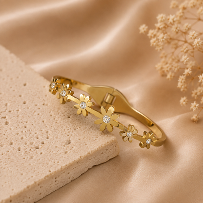 Luxury Gold Floral Crystal Stainless Steel Cuff Bracelet for Women