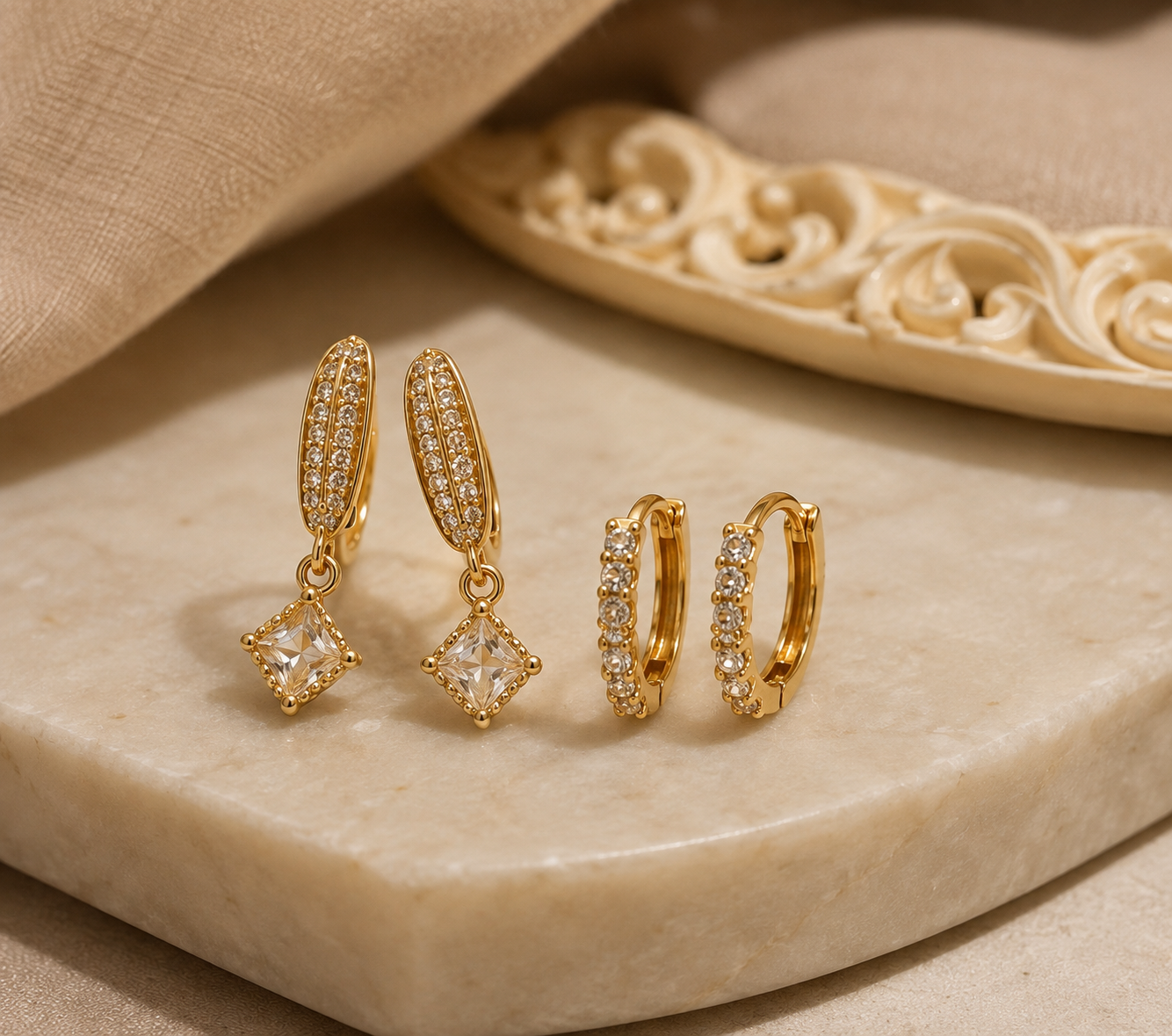 Luxury Gold Crystal Drop & Huggie Earring Set