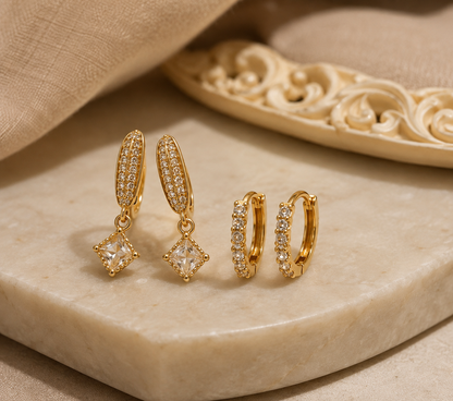 Luxury Gold Crystal Drop & Huggie Earring Set