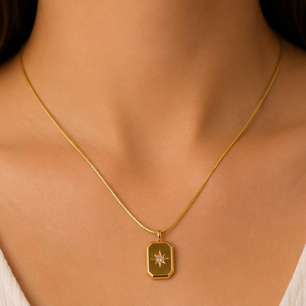 Gold Rectangle Pendant Stainless Steel Necklace for Women