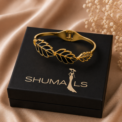 Luxury Black Leaf Gold Cuff Bracelet for Women | Stainless Steel Open Bangle