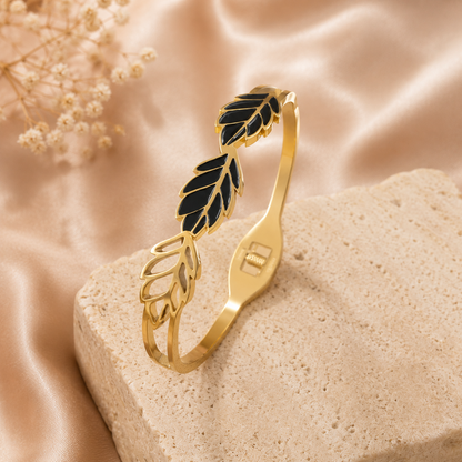 Luxury Black Leaf Gold Cuff Bracelet for Women | Stainless Steel Open Bangle