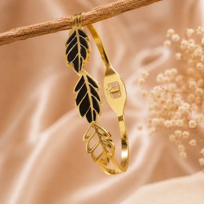 Luxury Black Leaf Gold Cuff Bracelet for Women | Stainless Steel Open Bangle