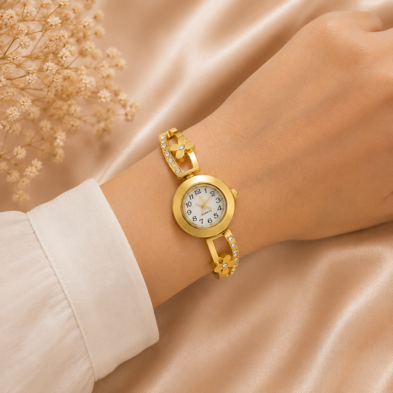 Flora Crystal Bracelet Watch – Gold