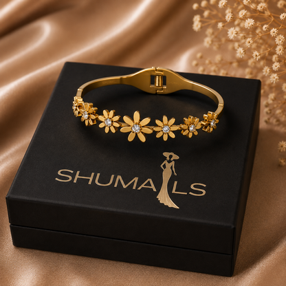 Luxury Gold Floral Crystal Stainless Steel Cuff Bracelet for Women