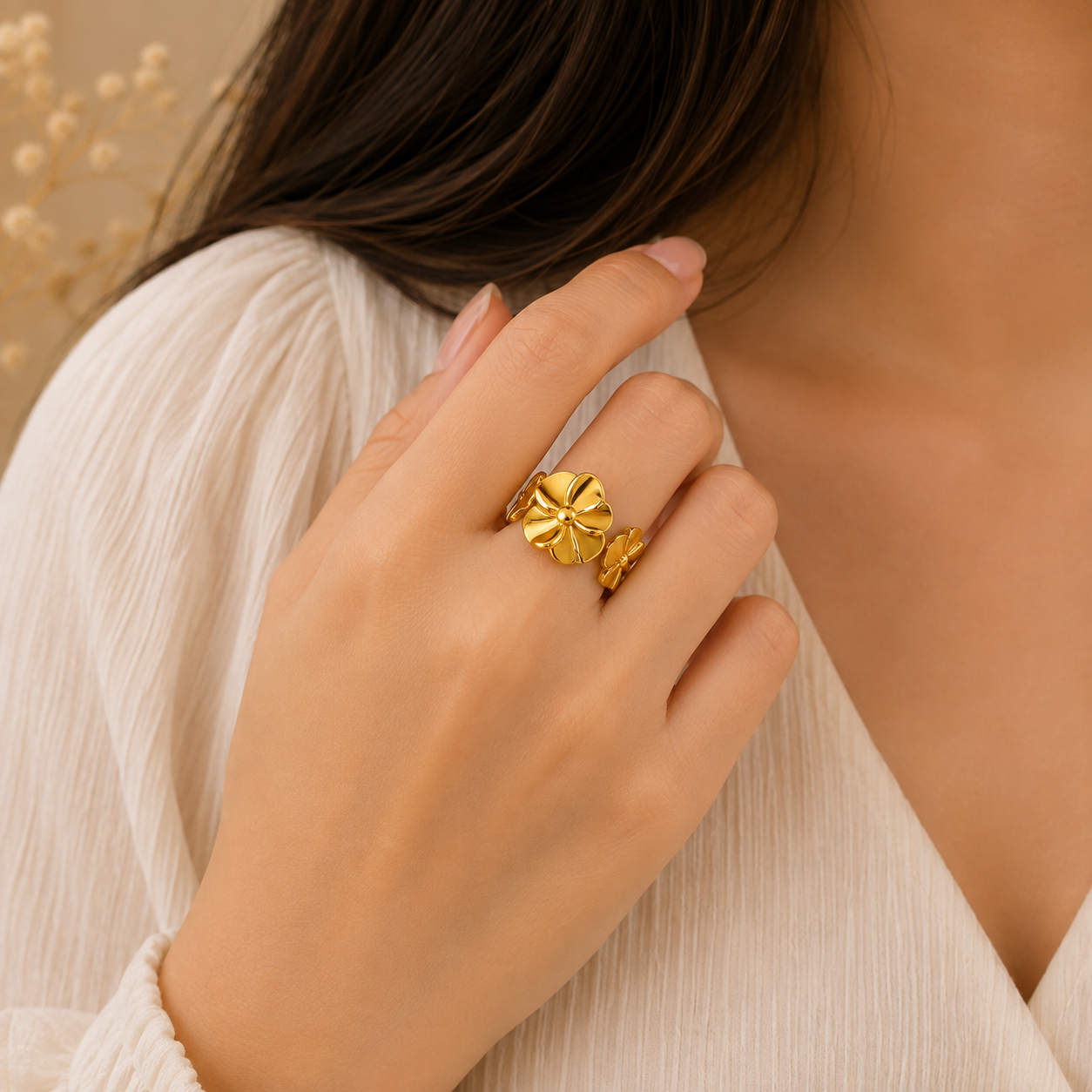 Golden Floral Adjustable Ring