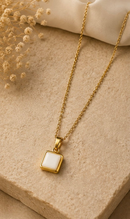 Gold Square White Stone Stainless Steel Necklace